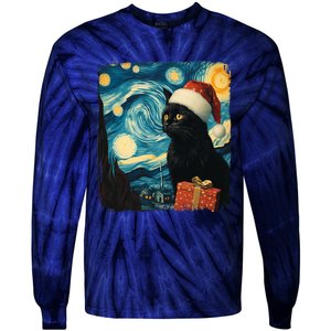 Christmas Black Cat Starry Night Van Gogh Retro Cat Art Xmas Tie-Dye Long Sleeve Shirt