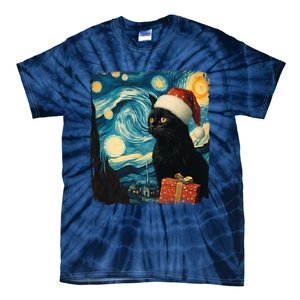 Christmas Black Cat Starry Night Van Gogh Retro Cat Art Xmas Tie-Dye T-Shirt