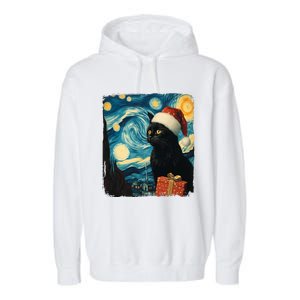 Christmas Black Cat Starry Night Van Gogh Retro Cat Art Xmas Garment-Dyed Fleece Hoodie