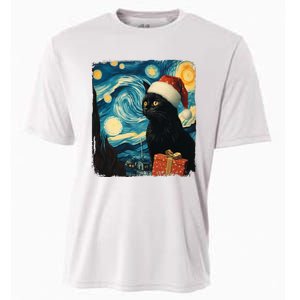 Christmas Black Cat Starry Night Van Gogh Retro Cat Art Xmas Cooling Performance Crew T-Shirt