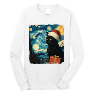 Christmas Black Cat Starry Night Van Gogh Retro Cat Art Xmas Long Sleeve Shirt