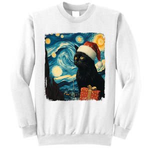 Christmas Black Cat Starry Night Van Gogh Retro Cat Art Xmas Sweatshirt