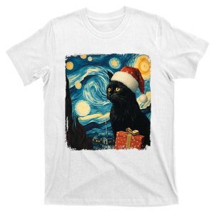 Christmas Black Cat Starry Night Van Gogh Retro Cat Art Xmas T-Shirt