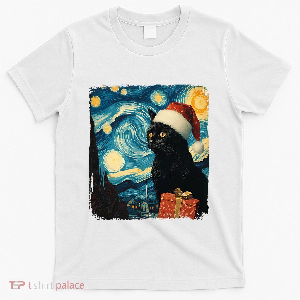 Christmas Black Cat Starry Night Van Gogh Retro Cat Art Xmas T-Shirt