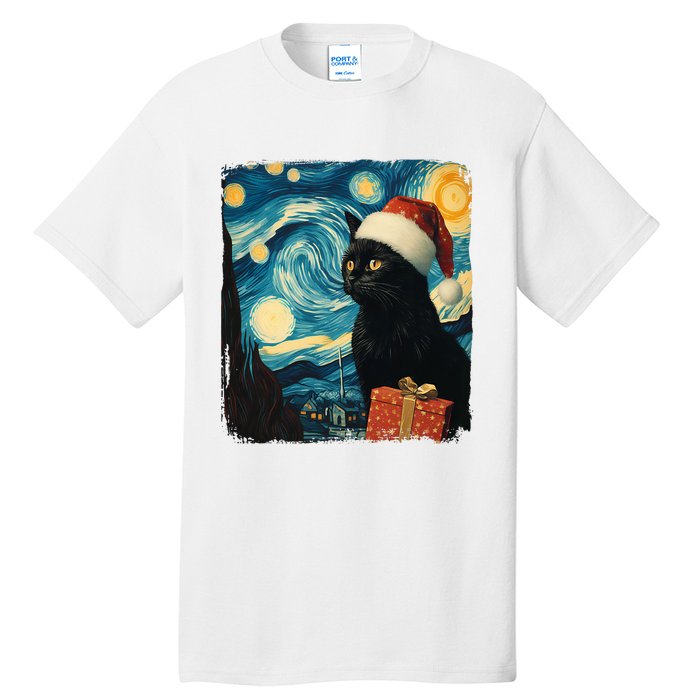 Christmas Black Cat Starry Night Van Gogh Retro Cat Art Xmas Tall T-Shirt