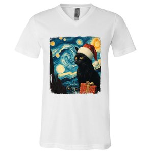 Christmas Black Cat Starry Night Van Gogh Retro Cat Art Xmas V-Neck T-Shirt