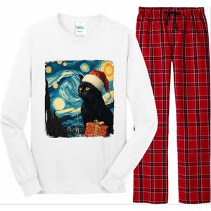 Christmas Black Cat Starry Night Van Gogh Retro Cat Art Xmas Long Sleeve Pajama Set