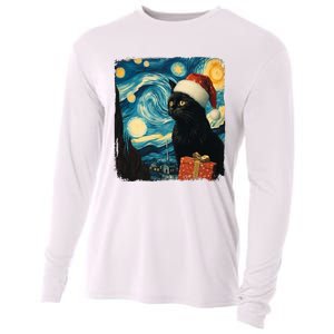 Christmas Black Cat Starry Night Van Gogh Retro Cat Art Xmas Cooling Performance Long Sleeve Crew