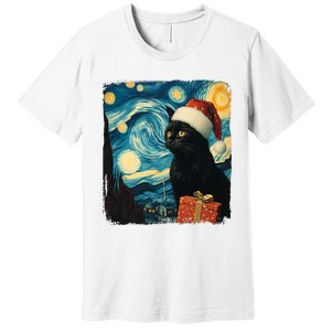 Christmas Black Cat Starry Night Van Gogh Retro Cat Art Xmas Premium T-Shirt