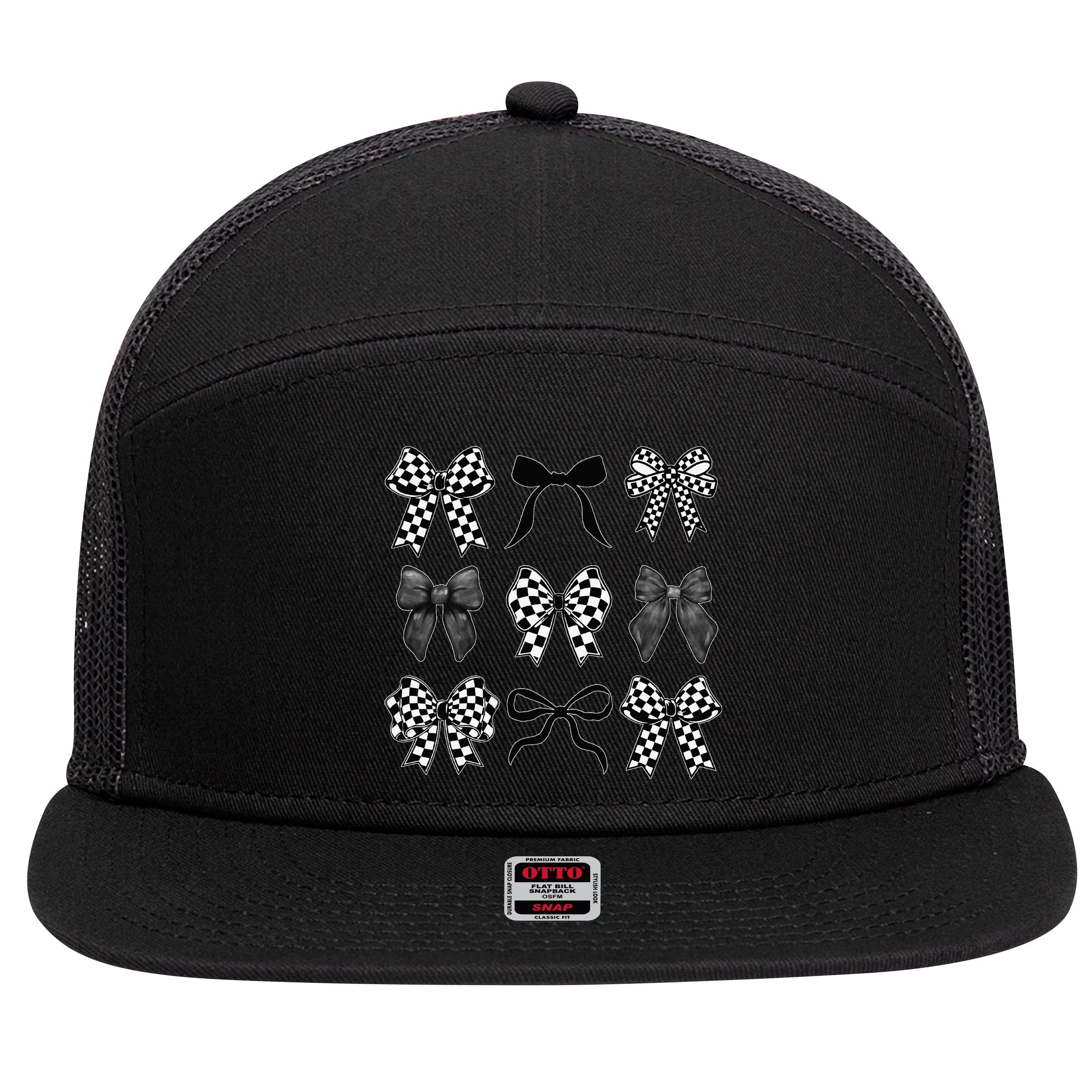 Coquette Bow Checkered Flag Race Car Racing Women Cute 7 Panel Mesh Trucker Snapback Hat