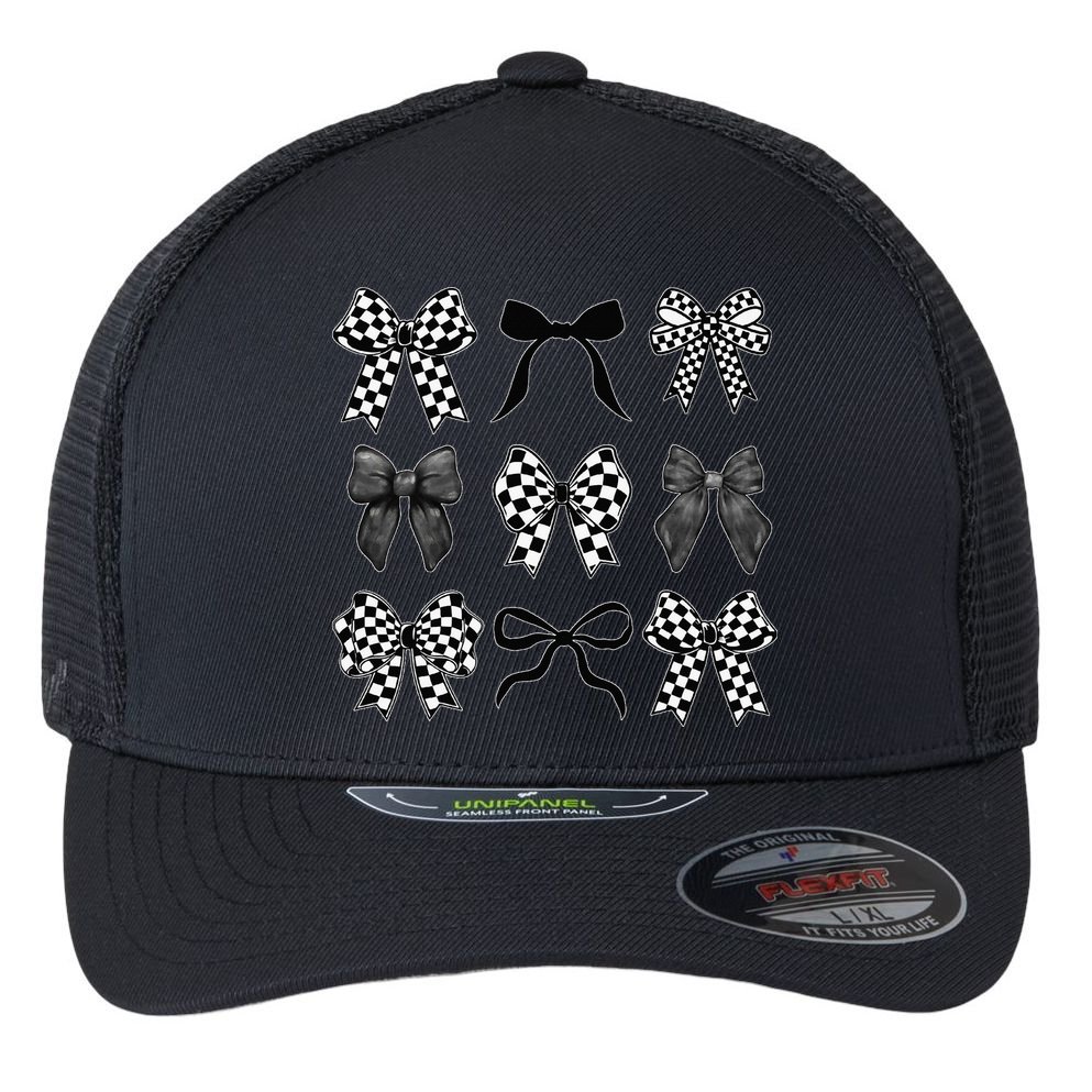 Coquette Bow Checkered Flag Race Car Racing Women Cute Flexfit Unipanel Trucker Cap