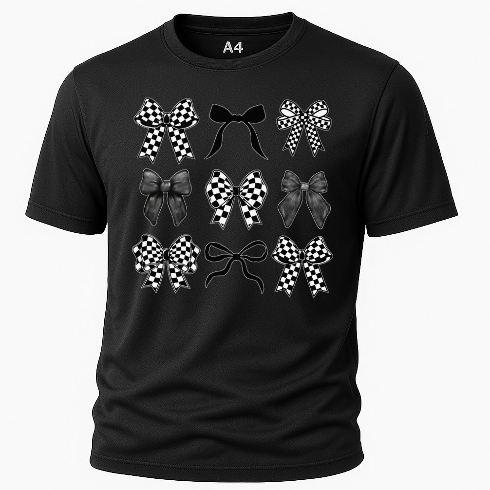 Coquette Bow Checkered Flag Race Car Racing Women Cute Cooling Performance Crew T-Shirt