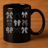 Coquette Bow Checkered Flag Race Car Racing Women Cute 11oz C Handle Ceramic Mug