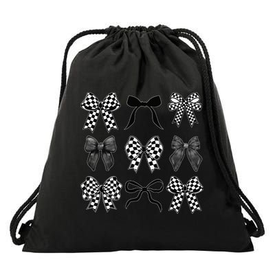 Coquette Bow Checkered Flag Race Car Racing Women Cute Drawstring Bag