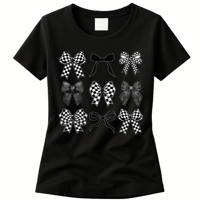 Coquette Bow Checkered Flag Race Car Racing Women Cute Womens T-Shirt