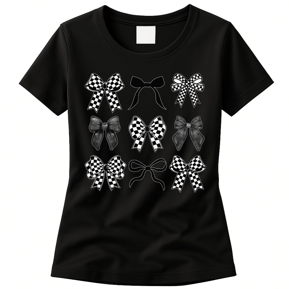 Coquette Bow Checkered Flag Race Car Racing Women Cute Womens T-Shirt