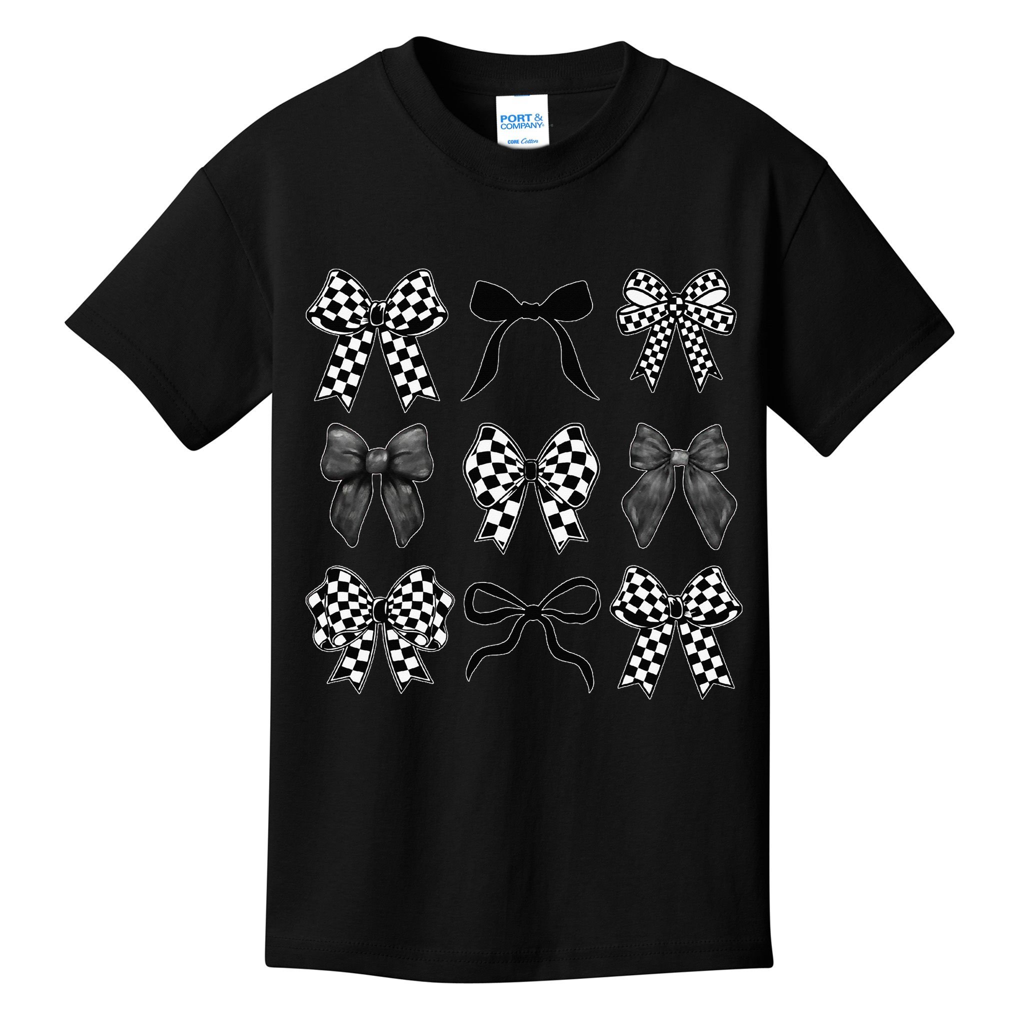 Coquette Bow Checkered Flag Race Car Racing Women Cute Kids T-Shirt