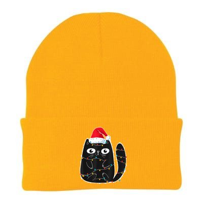 Cute Black Cat Santa Christmas Lights Meow Kitty Kitten Xmas Knit Cap Winter Beanie