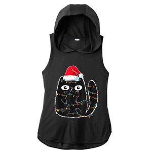 Cute Black Cat Santa Christmas Lights Meow Kitty Kitten Xmas Ladies PosiCharge Tri-Blend Wicking Draft Hoodie Tank