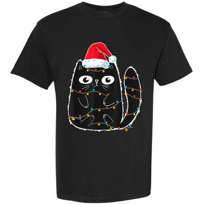 Cute Black Cat Santa Christmas Lights Meow Kitty Kitten Xmas Garment-Dyed Heavyweight T-Shirt