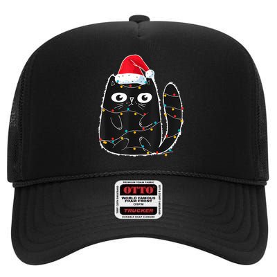 Cute Black Cat Santa Christmas Lights Meow Kitty Kitten Xmas High Crown Mesh Back Trucker Hat