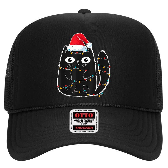 Cute Black Cat Santa Christmas Lights Meow Kitty Kitten Xmas High Crown Mesh Back Trucker Hat