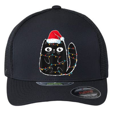 Cute Black Cat Santa Christmas Lights Meow Kitty Kitten Xmas Flexfit Unipanel Trucker Cap