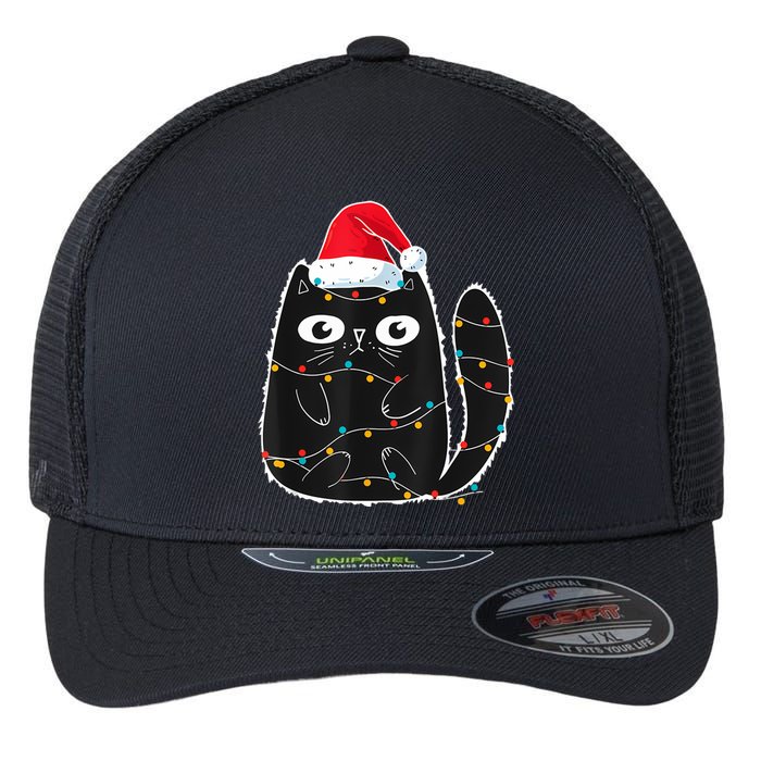 Cute Black Cat Santa Christmas Lights Meow Kitty Kitten Xmas Flexfit Unipanel Trucker Cap