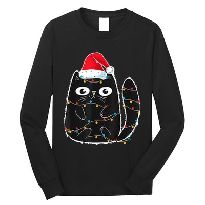 Cute Black Cat Santa Christmas Lights Meow Kitty Kitten Xmas Long Sleeve Shirt