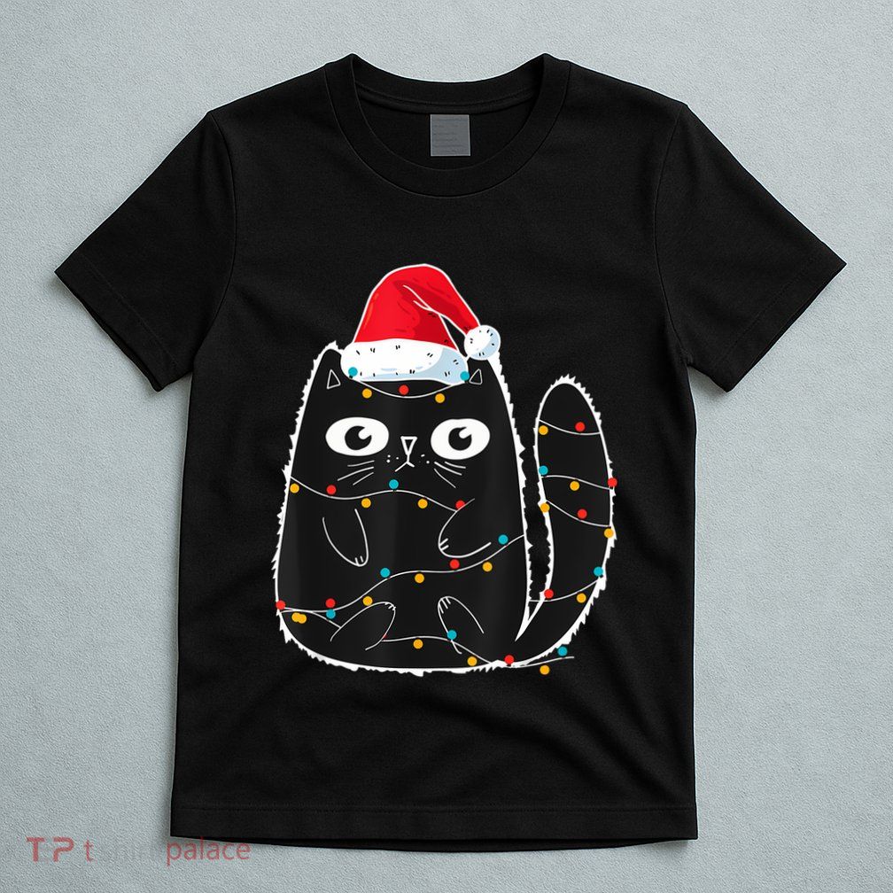Cute Black Cat Santa Christmas Lights Meow Kitty Kitten Xmas T-Shirt