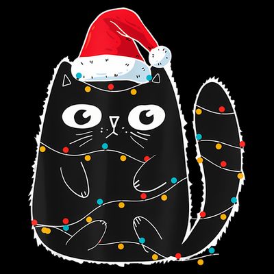 Cute Black Cat Santa Christmas Lights Meow Kitty Kitten Xmas T-Shirt