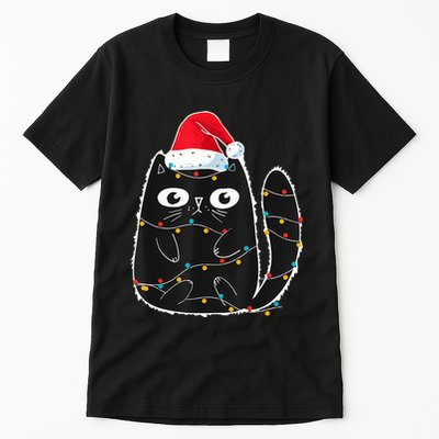 Cute Black Cat Santa Christmas Lights Meow Kitty Kitten Xmas Tall T-Shirt