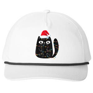 Cute Black Cat Santa Christmas Lights Meow Kitty Kitten Xmas Snapback Five-Panel Rope Hat