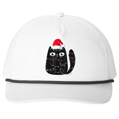 Cute Black Cat Santa Christmas Lights Meow Kitty Kitten Xmas Snapback Five-Panel Rope Hat