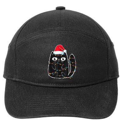 Cute Black Cat Santa Christmas Lights Meow Kitty Kitten Xmas 7-Panel Snapback Hat