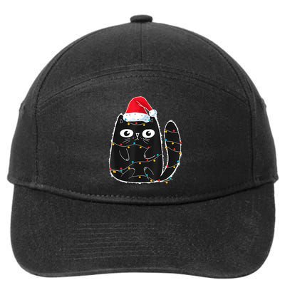 Cute Black Cat Santa Christmas Lights Meow Kitty Kitten Xmas 7-Panel Snapback Hat