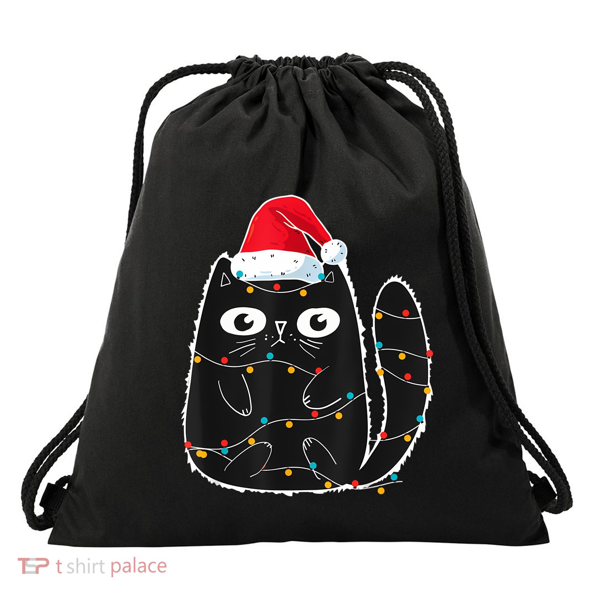 Cute Black Cat Santa Christmas Lights Meow Kitty Kitten Xmas Drawstring Bag
