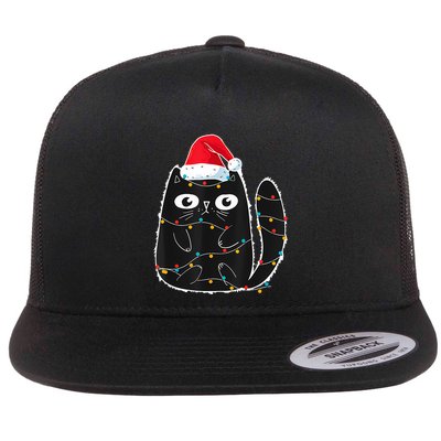Cute Black Cat Santa Christmas Lights Meow Kitty Kitten Xmas Flatbill Hat