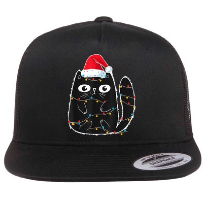 Cute Black Cat Santa Christmas Lights Meow Kitty Kitten Xmas Flat Bill Trucker Hat