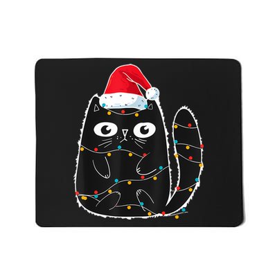 Cute Black Cat Santa Christmas Lights Meow Kitty Kitten Xmas Mousepad