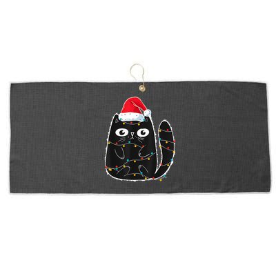 Cute Black Cat Santa Christmas Lights Meow Kitty Kitten Xmas Large Microfiber Waffle Golf Towel