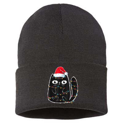 Cute Black Cat Santa Christmas Lights Meow Kitty Kitten Xmas Sustainable Knit Beanie