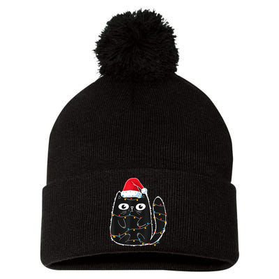 Cute Black Cat Santa Christmas Lights Meow Kitty Kitten Xmas Pom Pom 12in Knit Beanie