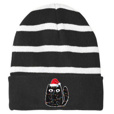 Cute Black Cat Santa Christmas Lights Meow Kitty Kitten Xmas Striped Beanie with Solid Band