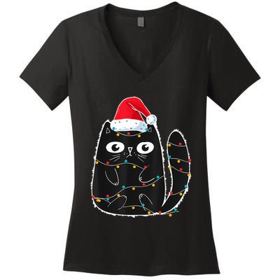 Cute Black Cat Santa Christmas Lights Meow Kitty Kitten Xmas Women's V-Neck T-Shirt