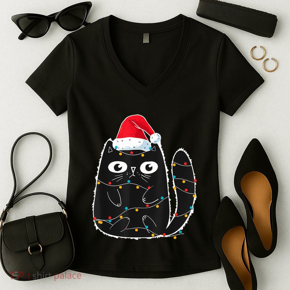 Cute Black Cat Santa Christmas Lights Meow Kitty Kitten Xmas Women's V-Neck T-Shirt