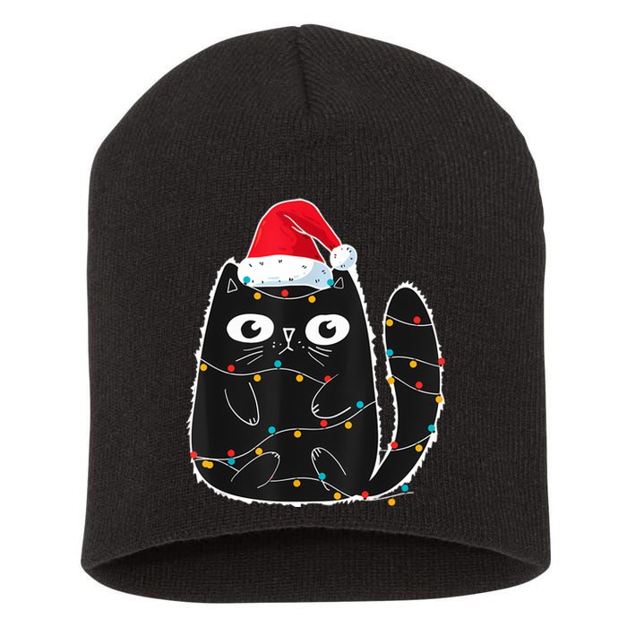 Cute Black Cat Santa Christmas Lights Meow Kitty Kitten Xmas Short Acrylic Beanie