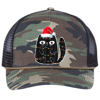 Cute Black Cat Santa Christmas Lights Meow Kitty Kitten Xmas Retro Rope Trucker Hat Cap