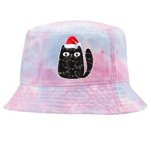 Cute Black Cat Santa Christmas Lights Meow Kitty Kitten Xmas Tie-Dyed Bucket Hat