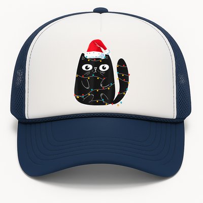 Cute Black Cat Santa Christmas Lights Meow Kitty Kitten Xmas Trucker Hat